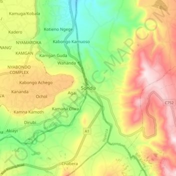 Sondu topographic map, elevation, terrain