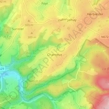 Charneux topographic map, elevation, terrain
