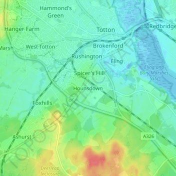 Hounsdown topographic map, elevation, terrain