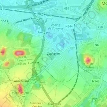 Cuesmes topographic map, elevation, terrain