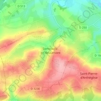 Sortosville-en-Beaumont topographic map, elevation, terrain