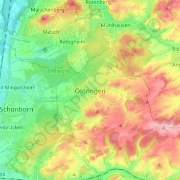 Östringen topographic map, elevation, terrain