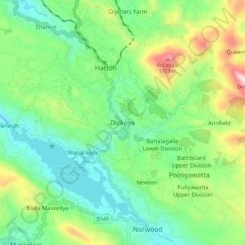 Dickoya topographic map, elevation, terrain