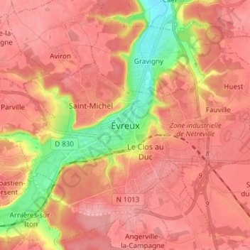 Évreux topographic map, elevation, terrain