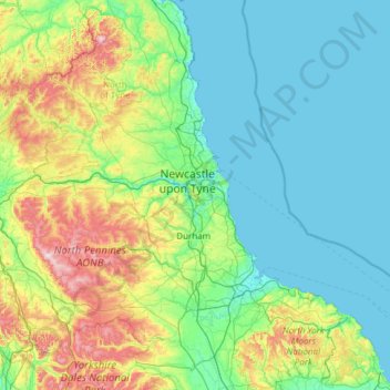 Tyne and Wear topographic map, elevation, terrain