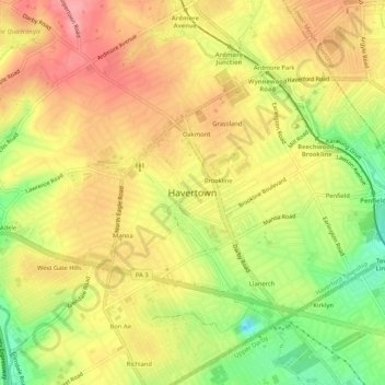 Havertown topographic map, elevation, terrain