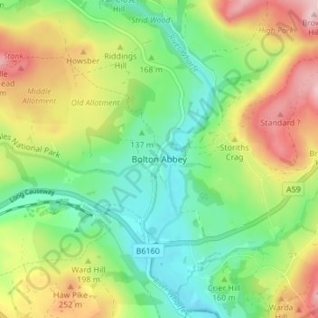 Bolton Abbey topographic map, elevation, terrain