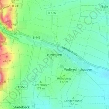 Hevensen topographic map, elevation, terrain