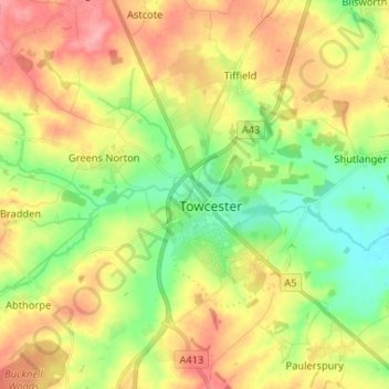 Towcester topographic map, elevation, terrain