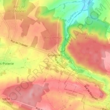 Gougnies topographic map, elevation, terrain