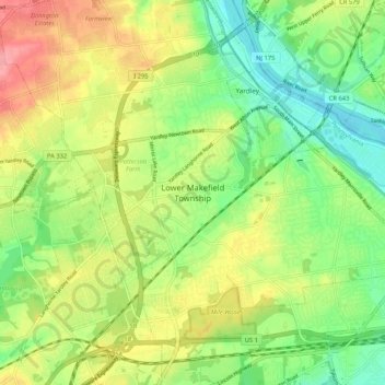 Lower Makefield Township topographic map, elevation, terrain