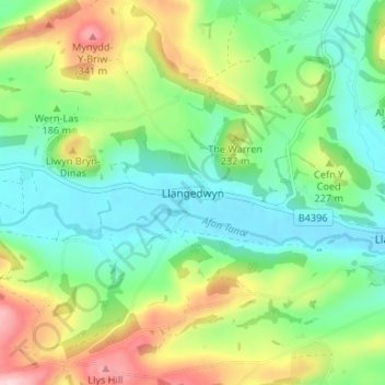 Llangedwyn topographic map, elevation, terrain