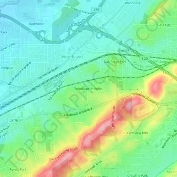 Woodlawn Heights topographic map, elevation, terrain