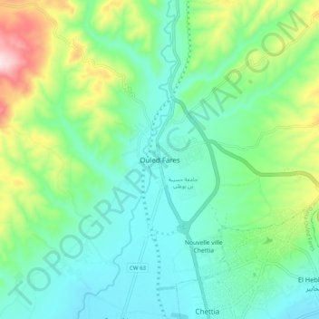 Ouled Fares topographic map, elevation, terrain