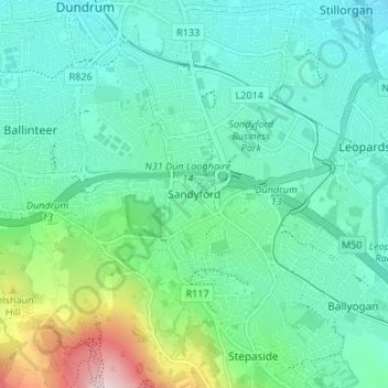 Sandyford topographic map, elevation, terrain