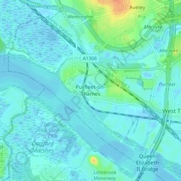Purfleet-on-Thames topographic map, elevation, terrain