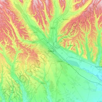 Pitești topographic map, elevation, terrain