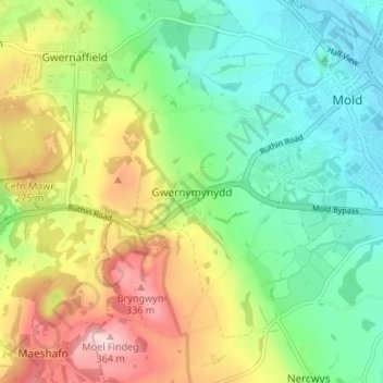 Gwernymynydd topographic map, elevation, terrain