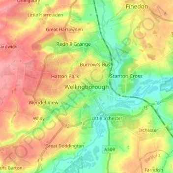 Wellingborough topographic map, elevation, terrain