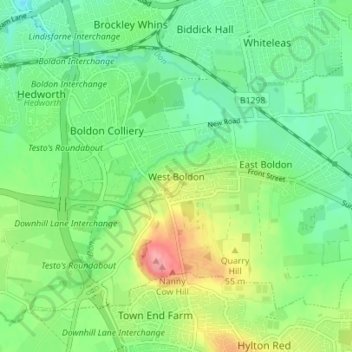 West Boldon topographic map, elevation, terrain