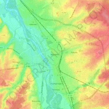 Moulins topographic map, elevation, terrain
