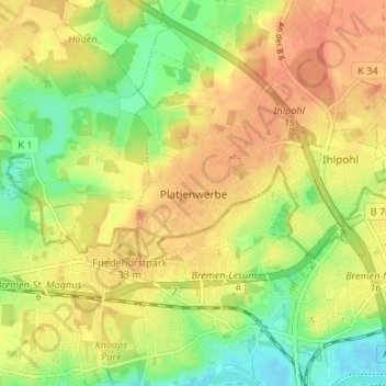 Platjenwerbe topographic map, elevation, terrain
