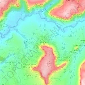Thaba Bosiu topographic map, elevation, terrain