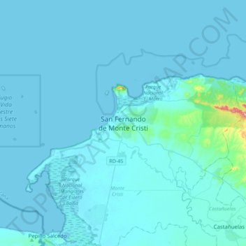 San Fernando de Monte Cristi topographic map, elevation, terrain