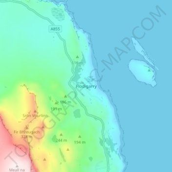 Flodigarry topographic map, elevation, terrain