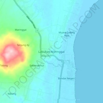 Labuhan Maringgai topographic map, elevation, terrain