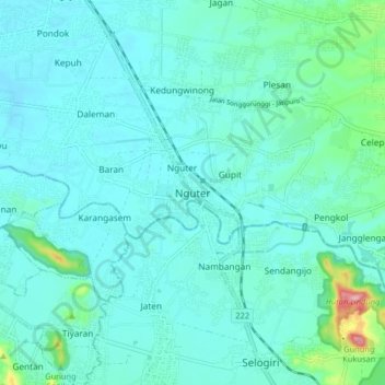 Nguter topographic map, elevation, terrain