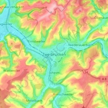 Zweibrücken topographic map, elevation, terrain