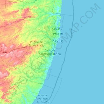 Região Metropolitana do Recife topographic map, elevation, terrain
