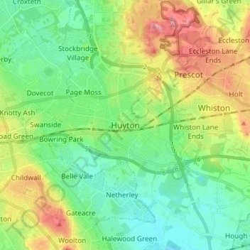 Huyton topographic map, elevation, terrain