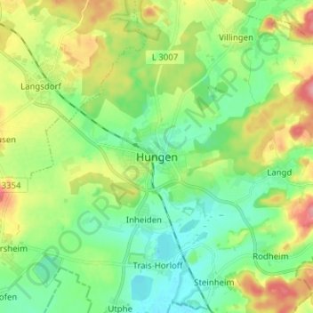 Hungen topographic map, elevation, terrain