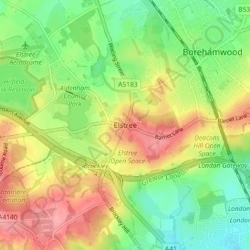 Elstree topographic map, elevation, terrain