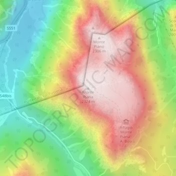 Monte Piana topographic map, elevation, terrain