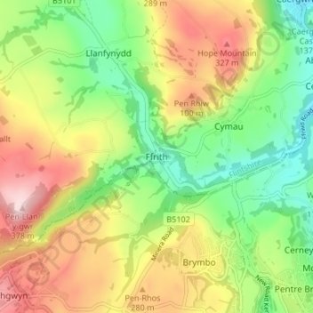 Ffrith topographic map, elevation, terrain