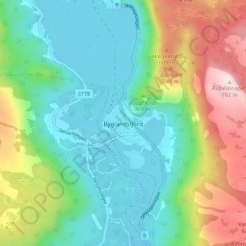 Byglandsfjord topographic map, elevation, terrain