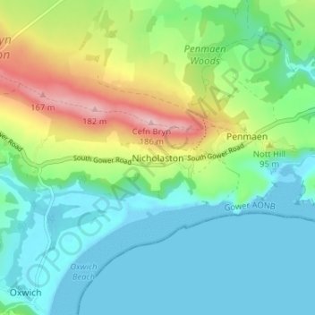 Nicholaston topographic map, elevation, terrain