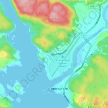 Kjevik topographic map, elevation, terrain
