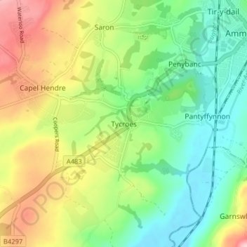 Tycroes topographic map, elevation, terrain
