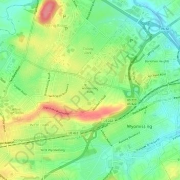 Wyomissing Hills topographic map, elevation, terrain