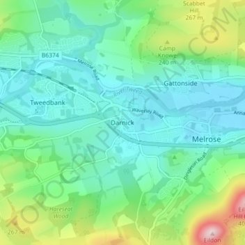 Darnick topographic map, elevation, terrain