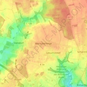 Werschenrege topographic map, elevation, terrain