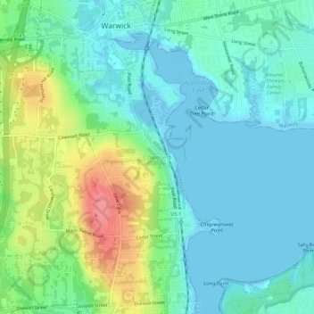Cowesett topographic map, elevation, terrain