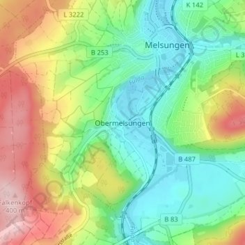 Obermelsungen topographic map, elevation, terrain