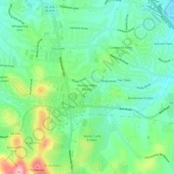 Hickory Valley Estates topographic map, elevation, terrain