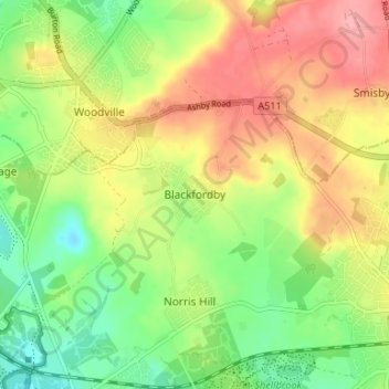Blackfordby topographic map, elevation, terrain