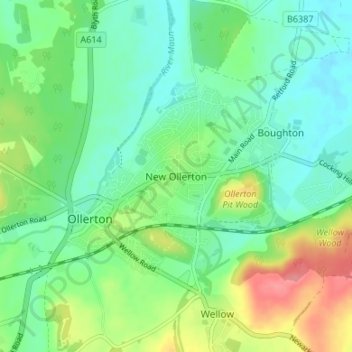 New Ollerton topographic map, elevation, terrain